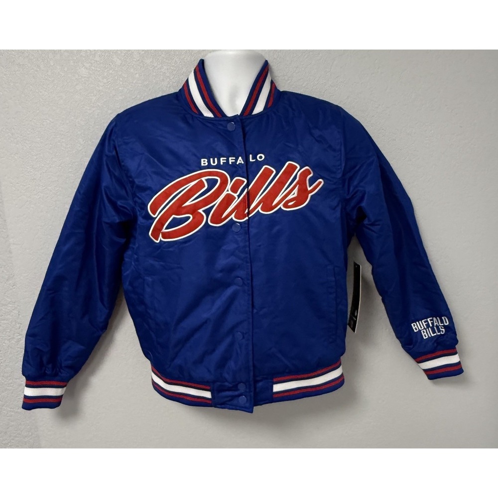 NWT Buffalo Bills Satin Bomber Jacket Womens S Blue Varsity Stitched Ultra Game